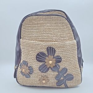 Boho Straw Mini Backpack Floral Appliqué Brown Faux Leather Trim